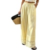 image:imageCHARTOU Women Lace Eyelet Hem Cotton Linen Pants Baggy Wide Leg Palazzo Pants Summer Beach TrousersYellow