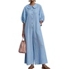 image:imageCHARTOU Women Linen Button Down Wide Leg Jumpsuit Peter Pan Collar 34 Sleeve Beach Palazzo Baggy OverallsBlue