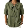 image:imageCHARTOU Womens Short Sleeve Denim Shirt Dressy Bow Tie Front Tops Summer Lightweight Button Down Jean BlouseArmy
