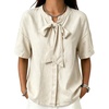 image:imageCHARTOU Womens Short Sleeve Denim Shirt Dressy Bow Tie Front Tops Summer Lightweight Button Down Jean BlouseBeige