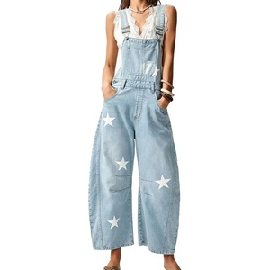 image:imageCHARTOU Women Bib Barrel Jeans Overalls Y2k Star Print Baggy Wide Leg Pants Cropped Cargo Denim JumpsuitBlue