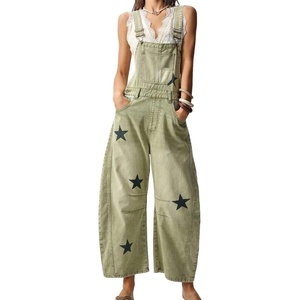 image:imageCHARTOU Women Bib Barrel Jeans Overalls Y2k Star Print Baggy Wide Leg Pants Cropped Cargo Denim JumpsuitGreen