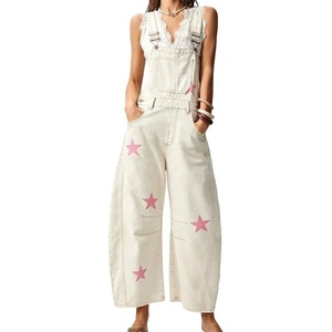 image:imageCHARTOU Women Bib Barrel Jeans Overalls Y2k Star Print Baggy Wide Leg Pants Cropped Cargo Denim JumpsuitPink