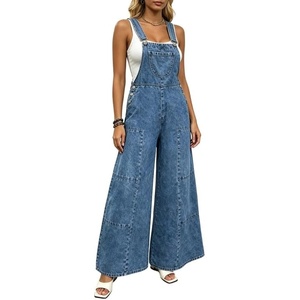 image:imageCHARTOU Women Bib Jeans Overall Sleeveless Denim Jumpsuit Adjustable Straps Y2k Patchwork Wide Leg Baggy PantsBlue