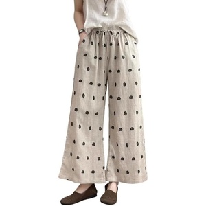 image:imageCHARTOU Women Cotton Linen Wide Leg Pants Casual Elastic High Waist Drawstring Cashew Print Palazzo TrousersLinen