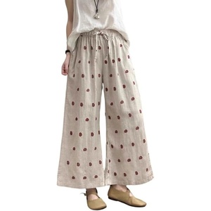 image:imageCHARTOU Women Cotton Linen Wide Leg Pants Casual Elastic High Waist Drawstring Cashew Print Palazzo TrousersRed