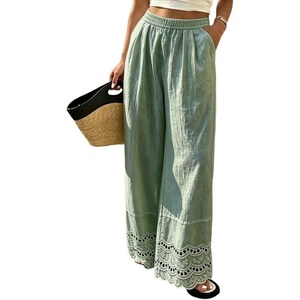 image:imageCHARTOU Women Lace Eyelet Hem Cotton Linen Pants Baggy Wide Leg Palazzo Pants Summer Beach TrousersGreen