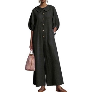 image:imageCHARTOU Women Linen Button Down Wide Leg Jumpsuit Peter Pan Collar 34 Sleeve Beach Palazzo Baggy OverallsBlack