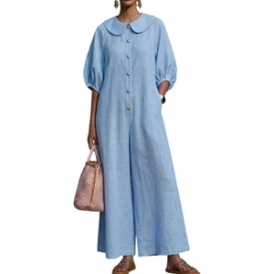 image:imageCHARTOU Women Linen Button Down Wide Leg Jumpsuit Peter Pan Collar 34 Sleeve Beach Palazzo Baggy OverallsBlue