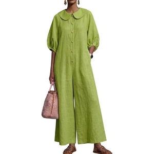 image:imageCHARTOU Women Linen Button Down Wide Leg Jumpsuit Peter Pan Collar 34 Sleeve Beach Palazzo Baggy OverallsGreen