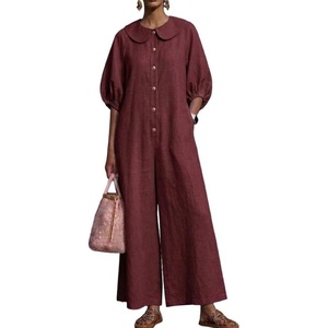 image:imageCHARTOU Women Linen Button Down Wide Leg Jumpsuit Peter Pan Collar 34 Sleeve Beach Palazzo Baggy OverallsWine