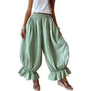 image:imageCHARTOU Women Summer Ruffle Hem Beach Pants Flowy Lantern Wide Leg Trousers Boho Casual Cotton BloomersGreen