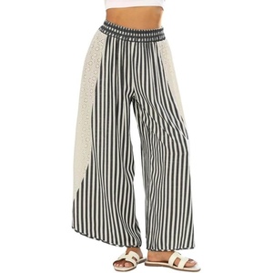 image:imageCHARTOU Women Summer Striped Wide Leg Lounge Pants Boho Eyelet Lace Elastic Waist Beach Palazzo TrousersBlack