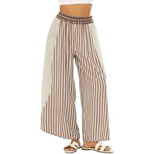 image:imageCHARTOU Women Summer Striped Wide Leg Lounge Pants Boho Eyelet Lace Elastic Waist Beach Palazzo TrousersBrown