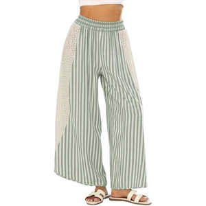 image:imageCHARTOU Women Summer Striped Wide Leg Lounge Pants Boho Eyelet Lace Elastic Waist Beach Palazzo TrousersGreen