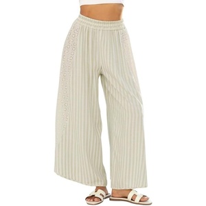 image:imageCHARTOU Women Summer Striped Wide Leg Lounge Pants Boho Eyelet Lace Elastic Waist Beach Palazzo TrousersLight Green