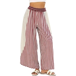 image:imageCHARTOU Women Summer Striped Wide Leg Lounge Pants Boho Eyelet Lace Elastic Waist Beach Palazzo TrousersRed