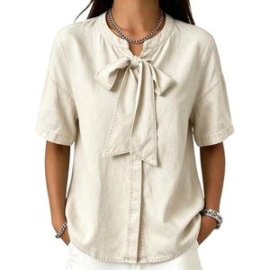 image:imageCHARTOU Womens Short Sleeve Denim Shirt Dressy Bow Tie Front Tops Summer Lightweight Button Down Jean BlouseBeige