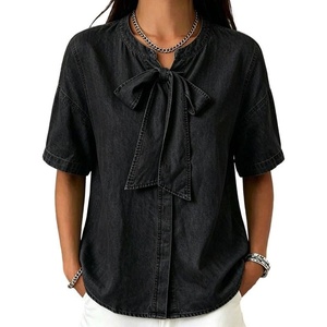 image:imageCHARTOU Womens Short Sleeve Denim Shirt Dressy Bow Tie Front Tops Summer Lightweight Button Down Jean BlouseBlack