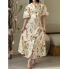 image:imageCHARTOU Women Floral Cotton Linen Long Dress Flowy Flare Sleeve Cinched Waist Tie Back Button Down Shirt DressApricot