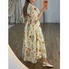 image:imageCHARTOU Women Floral Cotton Linen Long Dress Flowy Flare Sleeve Cinched Waist Tie Back Button Down Shirt DressApricot