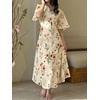 image:imageCHARTOU Women Floral Cotton Linen Long Dress Flowy Flare Sleeve Cinched Waist Tie Back Button Down Shirt DressApricot