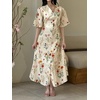 image:imageCHARTOU Women Floral Cotton Linen Long Dress Flowy Flare Sleeve Cinched Waist Tie Back Button Down Shirt DressApricot