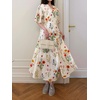 image:imageCHARTOU Women Floral Cotton Linen Long Dress Flowy Flare Sleeve Cinched Waist Tie Back Button Down Shirt DressApricot