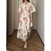 image:imageCHARTOU Women Floral Cotton Linen Long Dress Flowy Flare Sleeve Cinched Waist Tie Back Button Down Shirt DressApricot