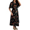 image:imageCHARTOU Women Floral Cotton Linen Long Dress Flowy Flare Sleeve Cinched Waist Tie Back Button Down Shirt DressBlack