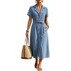 image:imageCHARTOU Womens Casual Denim Shirt Dress Casual Lapel Short Sleeve Button Down Midi Belted Jean Dresses with PocketsLight Blue
