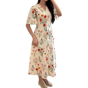 image:imageCHARTOU Women Floral Cotton Linen Long Dress Flowy Flare Sleeve Cinched Waist Tie Back Button Down Shirt DressApricot