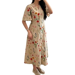 image:imageCHARTOU Women Floral Cotton Linen Long Dress Flowy Flare Sleeve Cinched Waist Tie Back Button Down Shirt DressLinen