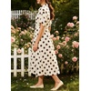image:imageCHARTOU Women Polka Dot Cotton Shirt Dress Floral Button Down Pleated Waist Flowy Long Dress with PocketsBrown