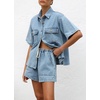 image:imageCHARTOU Women Summer Denim 2 Pieces Outfits Button Down Shirt and Drawstring Shorts SetsBlue
