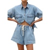 image:imageCHARTOU Women Summer Denim 2 Pieces Outfits Button Down Shirt and Drawstring Shorts SetsBlue