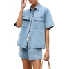 image:imageCHARTOU Women Summer Denim 2 Pieces Outfits Button Down Shirt and Drawstring Shorts SetsBlue