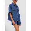 image:imageCHARTOU Women Summer Denim 2 Pieces Outfits Button Down Shirt and Drawstring Shorts SetsDark Blue
