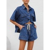 image:imageCHARTOU Women Summer Denim 2 Pieces Outfits Button Down Shirt and Drawstring Shorts SetsDark Blue
