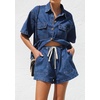 image:imageCHARTOU Women Summer Denim 2 Pieces Outfits Button Down Shirt and Drawstring Shorts SetsDark Blue