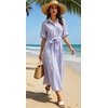 image:imageCHARTOU Womens Eyelet Button Down Shirt Dress Short Sleeve Collared Embroidered Midi Dress Summer Beach Sundress with BeltPurple