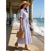 image:imageCHARTOU Womens Eyelet Button Down Shirt Dress Short Sleeve Collared Embroidered Midi Dress Summer Beach Sundress with BeltPurple