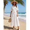 image:imageCHARTOU Womens Eyelet Button Down Shirt Dress Short Sleeve Collared Embroidered Midi Dress Summer Beach Sundress with BeltWhite