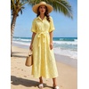 image:imageCHARTOU Womens Eyelet Button Down Shirt Dress Short Sleeve Collared Embroidered Midi Dress Summer Beach Sundress with BeltYellow