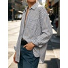 image:imageCHARTOU Womens Oversized Striped Button Down Shirt Casual Long Sleeve Blouse Loose Fit VNeck Tunic Tops for Work BeachBlue