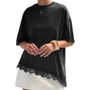 image:imageCHARTOU Women Floral Lace Summer Tops Crewneck Half Short Sleeve Asymmetric Hem T Shirts Tops Dressy CasualBlack