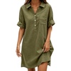 image:imageCHARTOU Women Loose Cotton Shirt Dress Summer Casual Button Front Rolled Sleeve Short Shift DressGreen