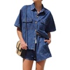 image:imageCHARTOU Women Summer Denim 2 Pieces Outfits Button Down Shirt and Drawstring Shorts SetsDark Blue