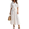 image:imageCHARTOU Womens Eyelet Button Down Shirt Dress Short Sleeve Collared Embroidered Midi Dress Summer Beach Sundress with BeltWhite