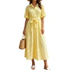 image:imageCHARTOU Womens Eyelet Button Down Shirt Dress Short Sleeve Collared Embroidered Midi Dress Summer Beach Sundress with BeltYellow
